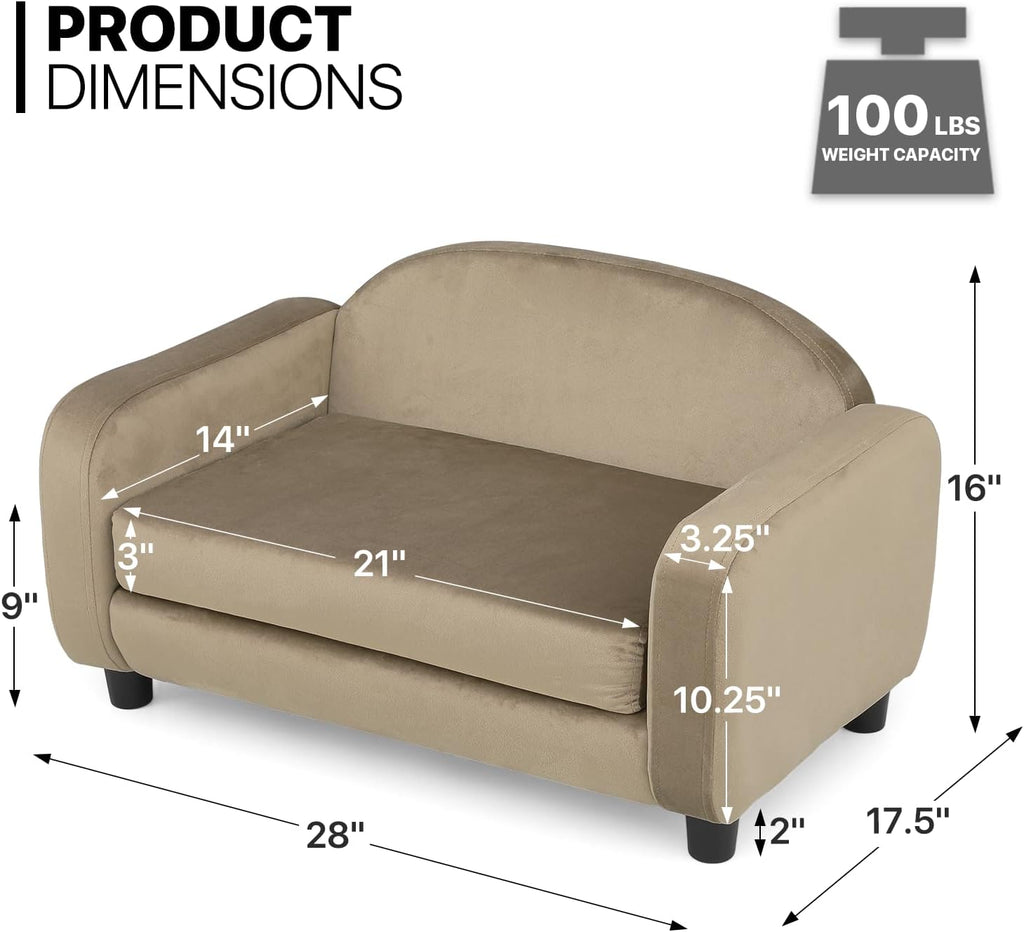 Pet Sofa Dog Couch for Small Dogs and Cats, Velvet  Cat Couch Bed with Removable Cushion, Washable Cover, Light Brown