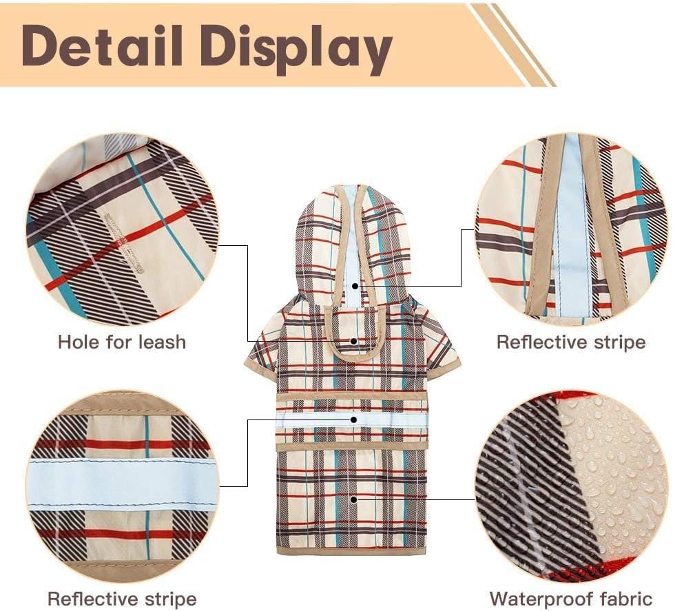 Dog Raincoat Hooded Slicker Poncho with Leash Hole, Raincoat for Small Medium Dogs, Waterproof Doggie Rain Jacket with Reflective Strip, Adjustable Breathable Plaid Puppy Rainwear,Beige S
