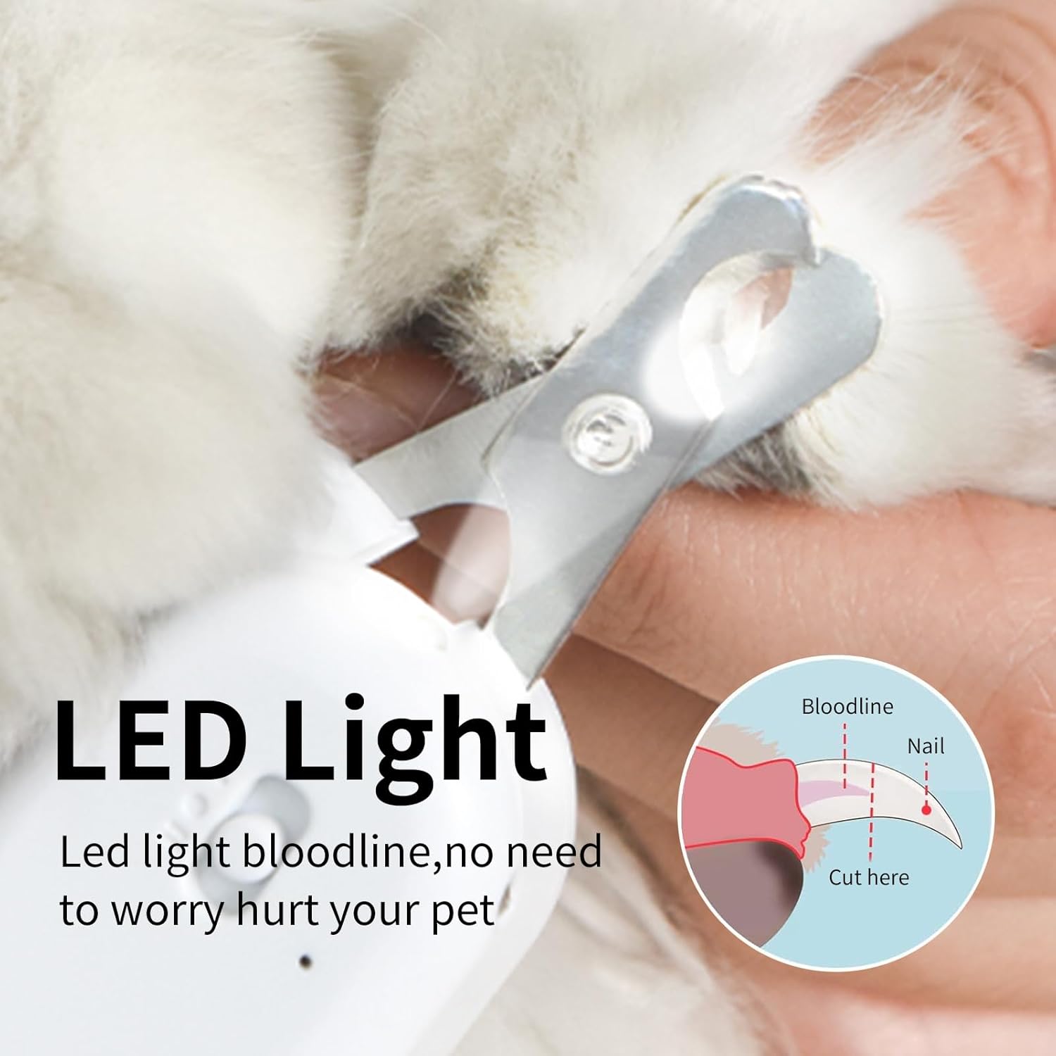 Pet Nail Clipper with LED & -U-V Light, Cat Claw Trimmer with Ultra Bright LED Light for Nail Bloodline to Avoid Over Cutting, Sharp Angled Blade Grooming Tool for Dog Cat Rabbit Small Animals