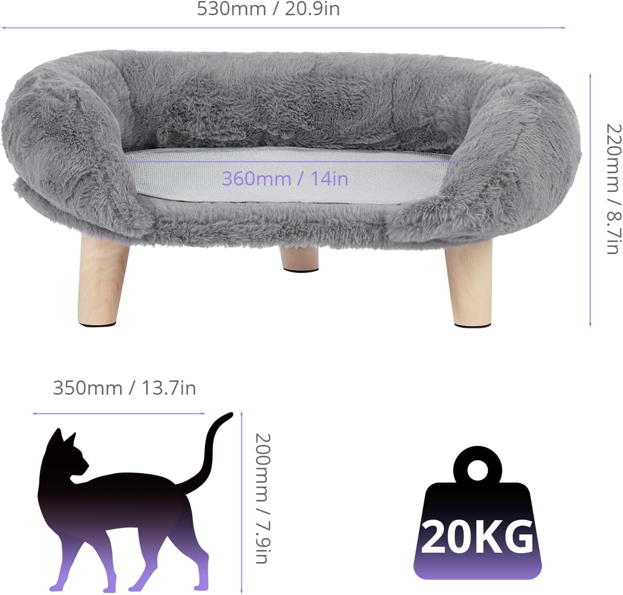 Elevated Pet Bed,Cat Dog Stool Bed with Sturdy Wood Legs Pet Chair, Plush Pet Bed, Round Warm Kennel Soft Puppy Sofa for Small Dog Kitten,Relief and Improved Sleep (Light Gray, Medium)