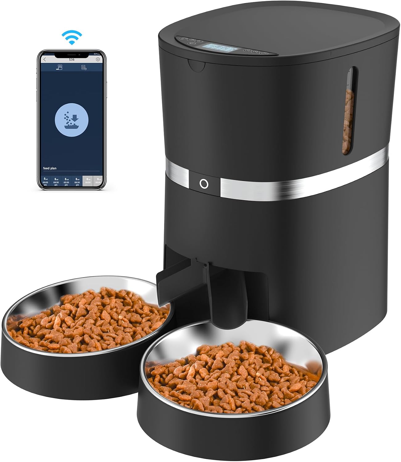 Smart Cat Feeder,  Automatic Cat Feeder WiFi Enable Pet Dog Food Dispenser App Control for Cat&Dog with Two-Way Splitter and Two Bowls, Voice Recorder Distribution Alarms, Portion Control