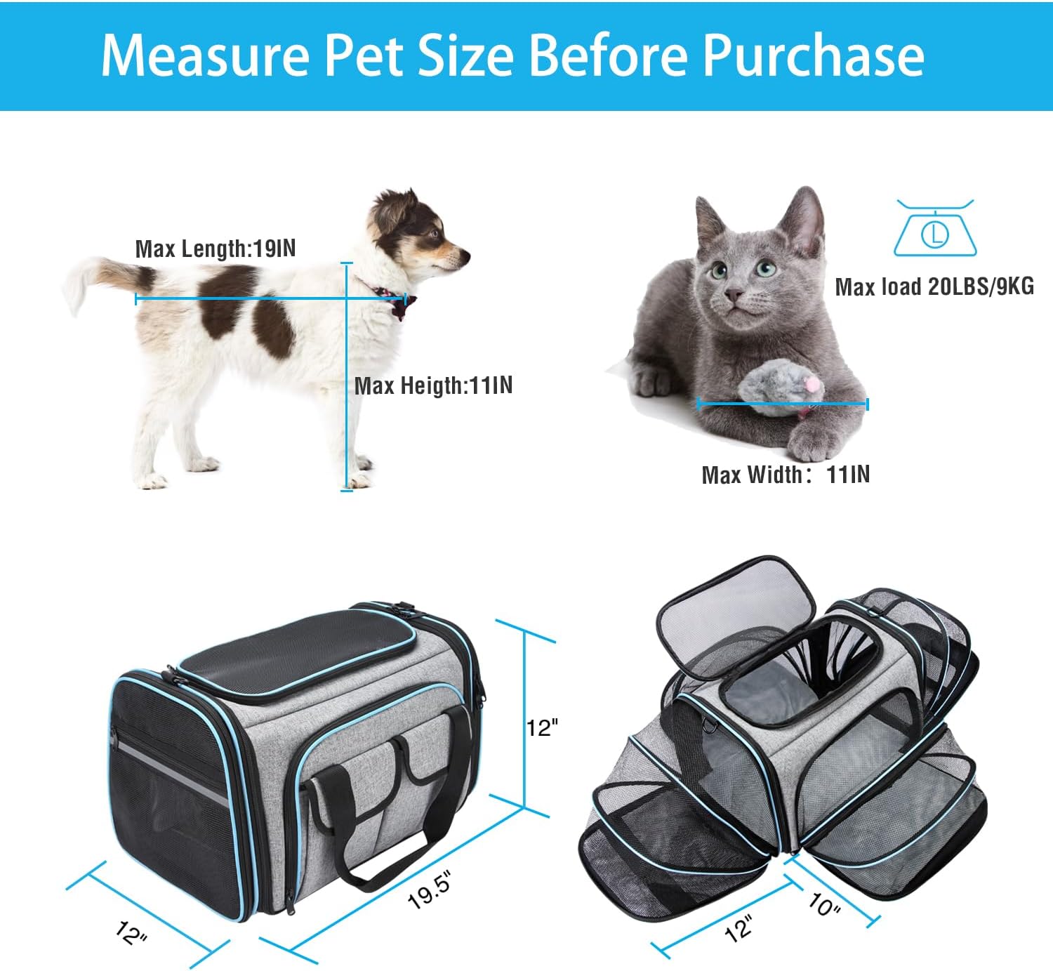 Airline Approved Pet Carrier, Large Soft Sided Pet Travel  Carrier 4 Sides Expandable Cat Collapsible Carrier with Removable Fleece Pad and Pockets for Cats Dogs and Small Animals
