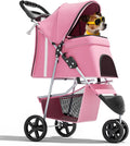 3-Wheel Pet Stroller, Foldable Travel Jogger for Small & Medium Dogs & Cats (Up to 33lbs), Lightweight Carrier with Breathable Mesh Cover, Cup Holder & Storage Basket, Pink