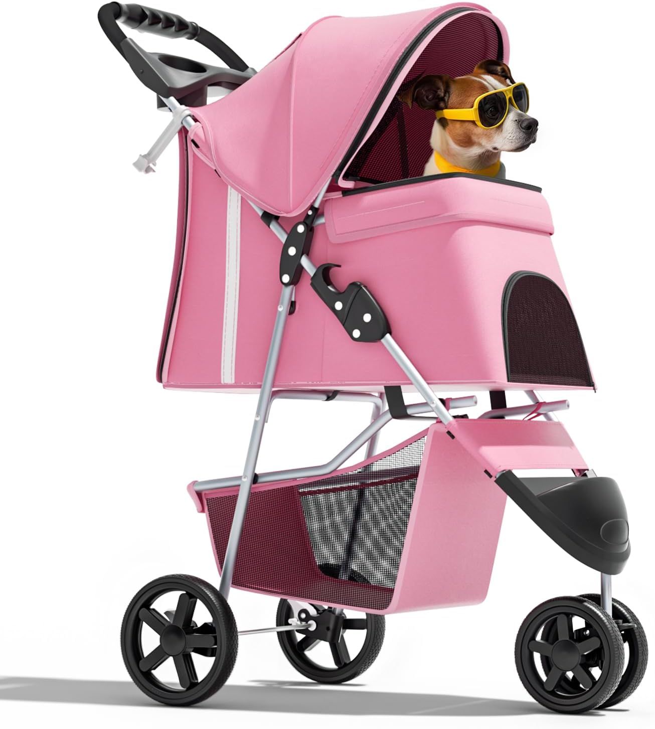 3-Wheel Pet Stroller, Foldable Travel Jogger for Small & Medium Dogs & Cats (Up to 33lbs), Lightweight Carrier with Breathable Mesh Cover, Cup Holder & Storage Basket, Pink