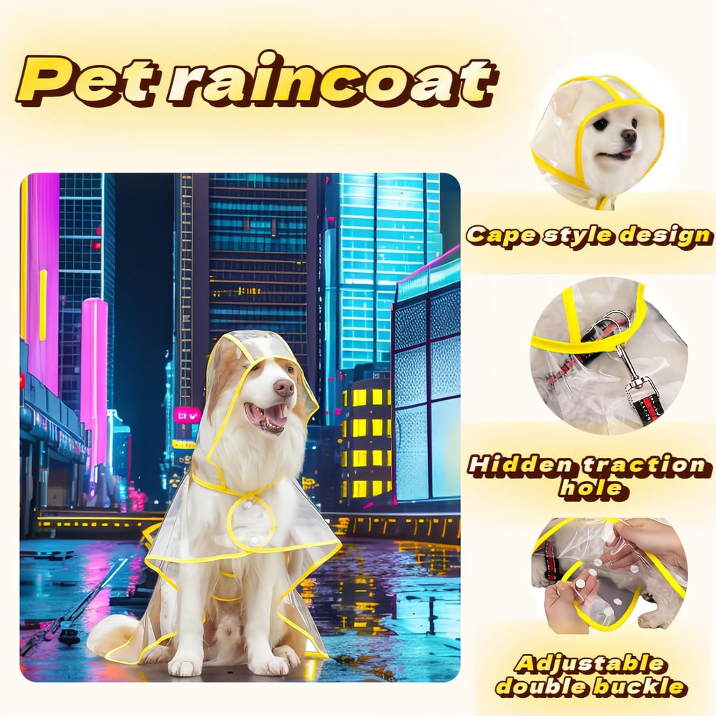 Clear Dog Raincoat, Transparent PVC Cape Style Pet Rain Jacket with Hidden Leash Hole, Adjustable Double Buckle for Small Dogs (Yellow, Medium)