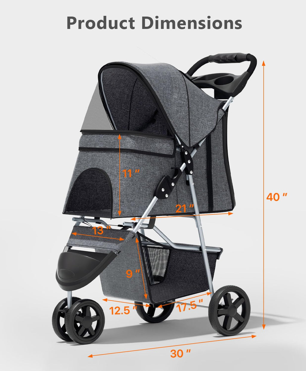 Pet Stroller with 3 Wheels for Small/Medium Pets, Portable Travel Foldable Carrier Jogger for Dog Cat P, Rear Wheel Breaks, Storage Basket, Visible Mesh with Weather Cover (Gray)