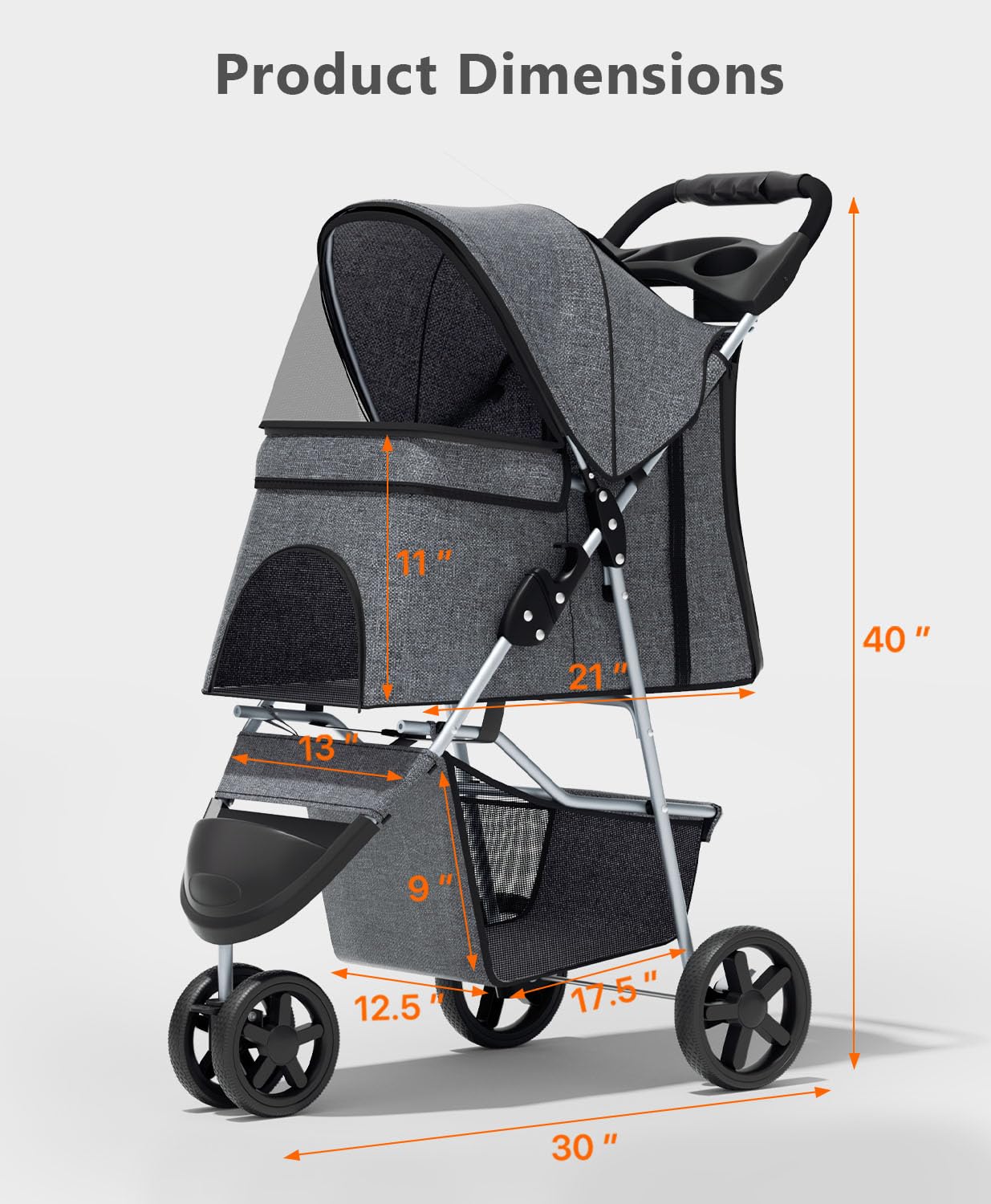 Pet Stroller with 3 Wheels for Small/Medium Pets, Portable Travel Foldable Carrier Jogger for Dog Cat P, Rear Wheel Breaks, Storage Basket, Visible Mesh with Weather Cover (Gray)