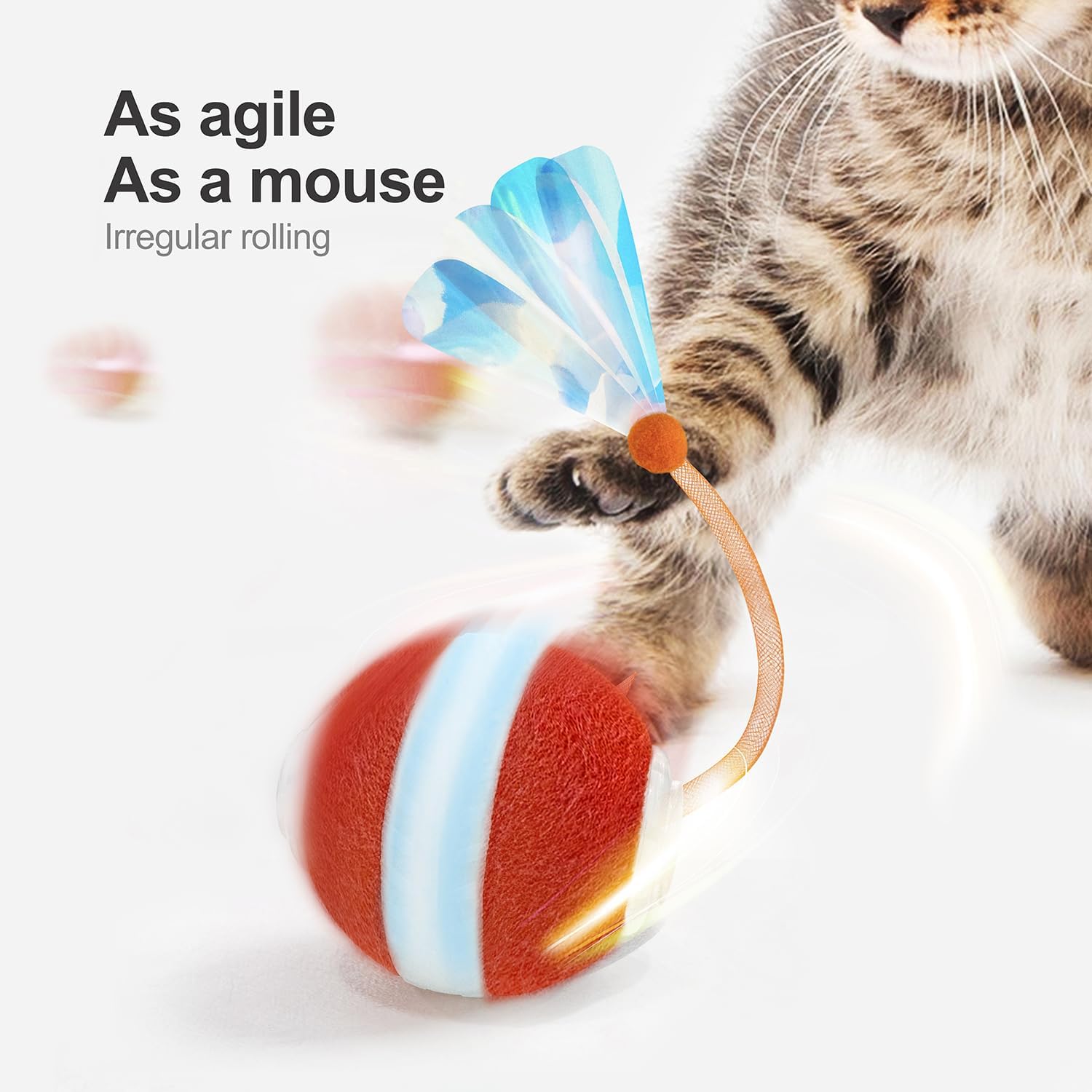 Interactive Cat Toys for Indoor Cats,The 3rd Generation Agile Moving Cat Ball with Elastic Mesh Tail,Automatic Kitten Toys for Bored Indoor Cats,Motion Activated (Orange)