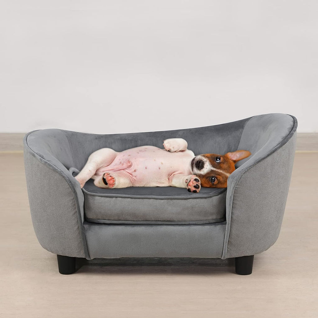 Pet Sofa Bed, Velvet & Linen Fabric Pet Couch Chair with Removeable & Washable Cushion for Small Dogs Cats (Light gray)