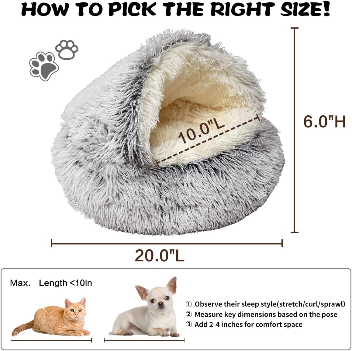 Cat Bed Round Plush Fluffy Hooded Cat Bed Cave, Cozy for Indoor Cats or Small Dog beds, Soothing Pet Beds Doughnut Calm Anti-nxiety Dog Bed - Waterproof Bottom Washable (20×20inch, Grey)