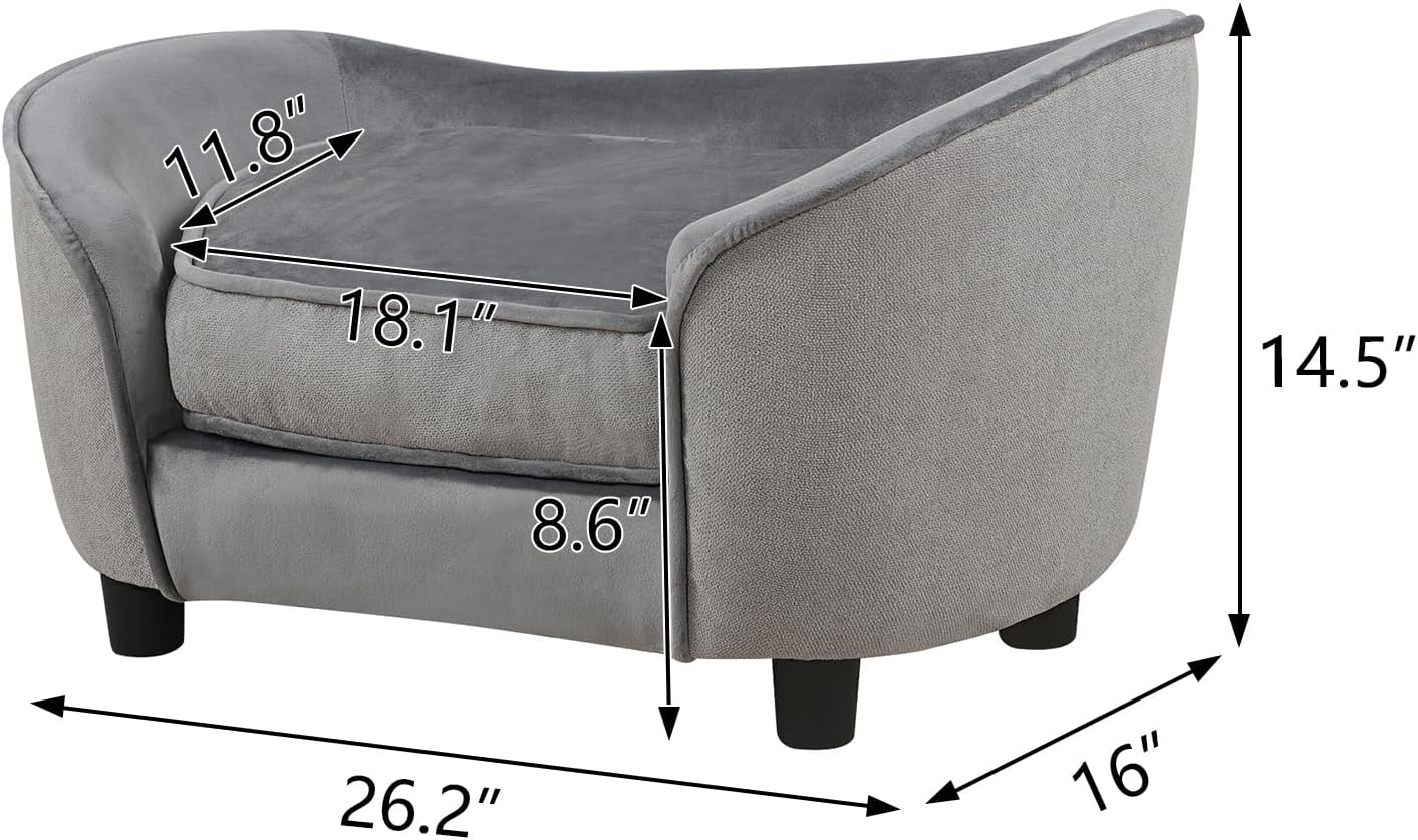 Pet Sofa Bed, Velvet & Linen Fabric Pet Couch Chair with Removeable & Washable Cushion for Small Dogs Cats (Light gray)