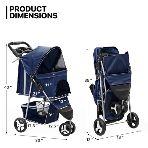 3 Wheels Pet Stroller, Foldable Dog Cat Cage Jogger Stroller with Weather Cover for All-Season, Storage Basket and Cup Holder, Breathable and Visible Mesh for Small/Medium Pets, Blue