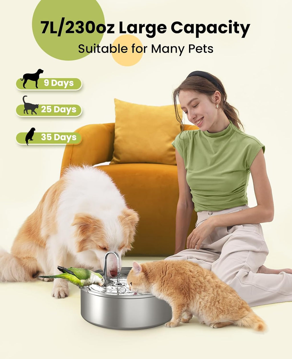 Dog Water Fountain for Large Dogs,7L/230oz/1.8G Stainless Steel Dog Fountain Super Quiet with Triple Filtration,Great for Large Dogs Cats and Multi-Pet Home