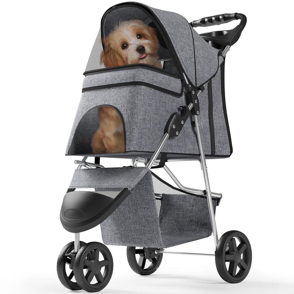 Pet Stroller with 3 Wheels for Small/Medium Pets, Portable Travel Foldable Carrier Jogger for Dog Cat P, Rear Wheel Breaks, Storage Basket, Visible Mesh with Weather Cover (Gray)