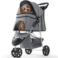 Pet Stroller with 3 Wheels for Small/Medium Pets, Portable Travel Foldable Carrier Jogger for Dog Cat P, Rear Wheel Breaks, Storage Basket, Visible Mesh with Weather Cover (Gray)