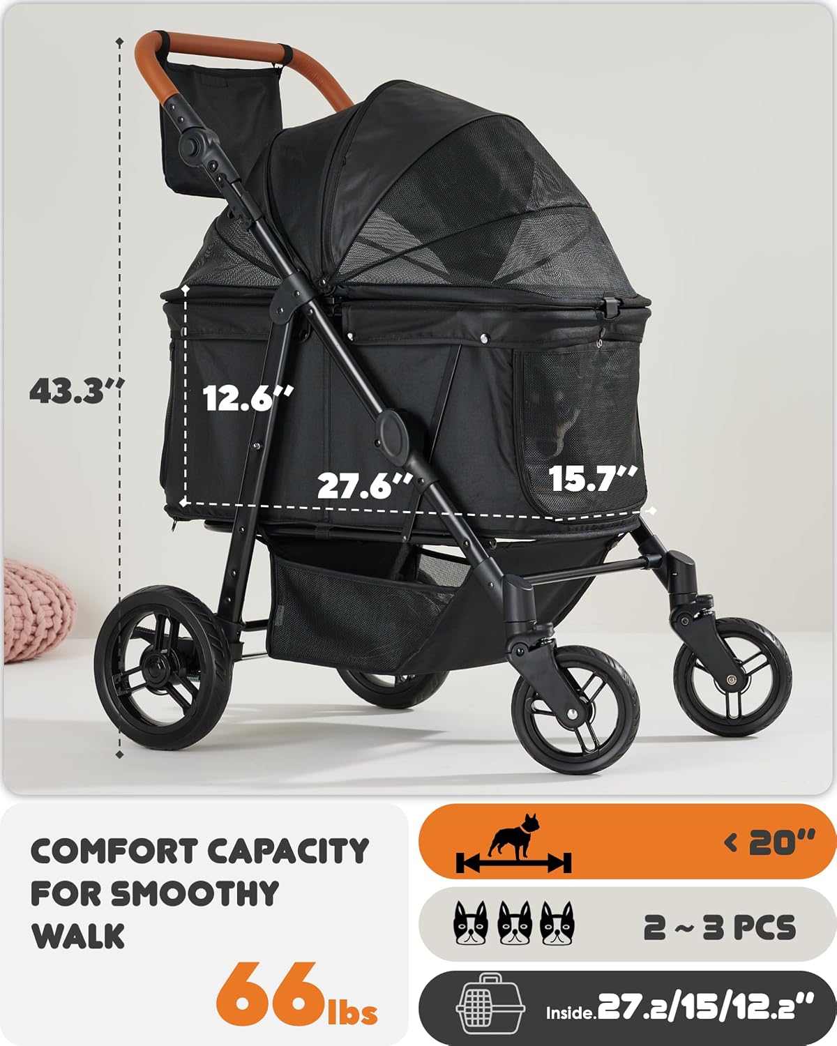 Medium Dog Stroller for Large Dogs, pet Stroller for Medium Dogs Up to 66lbs, All-Terrain with Adjustable Handle & Canopy, Sun Shades, Storage Organizer, Waterproof Oxford Fiber