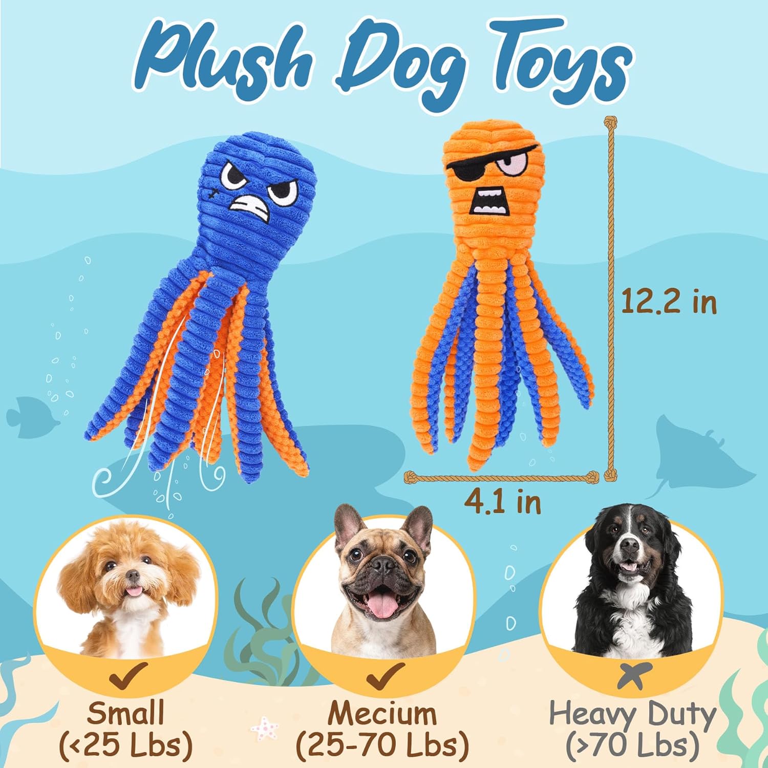 Interactive Dog Toys, 2 Pack No Stuffing Dog Toys for Teething, Squeaky Chew Toy to Keep Them Busy for Small and Medium Breed, Crinkle Octopus