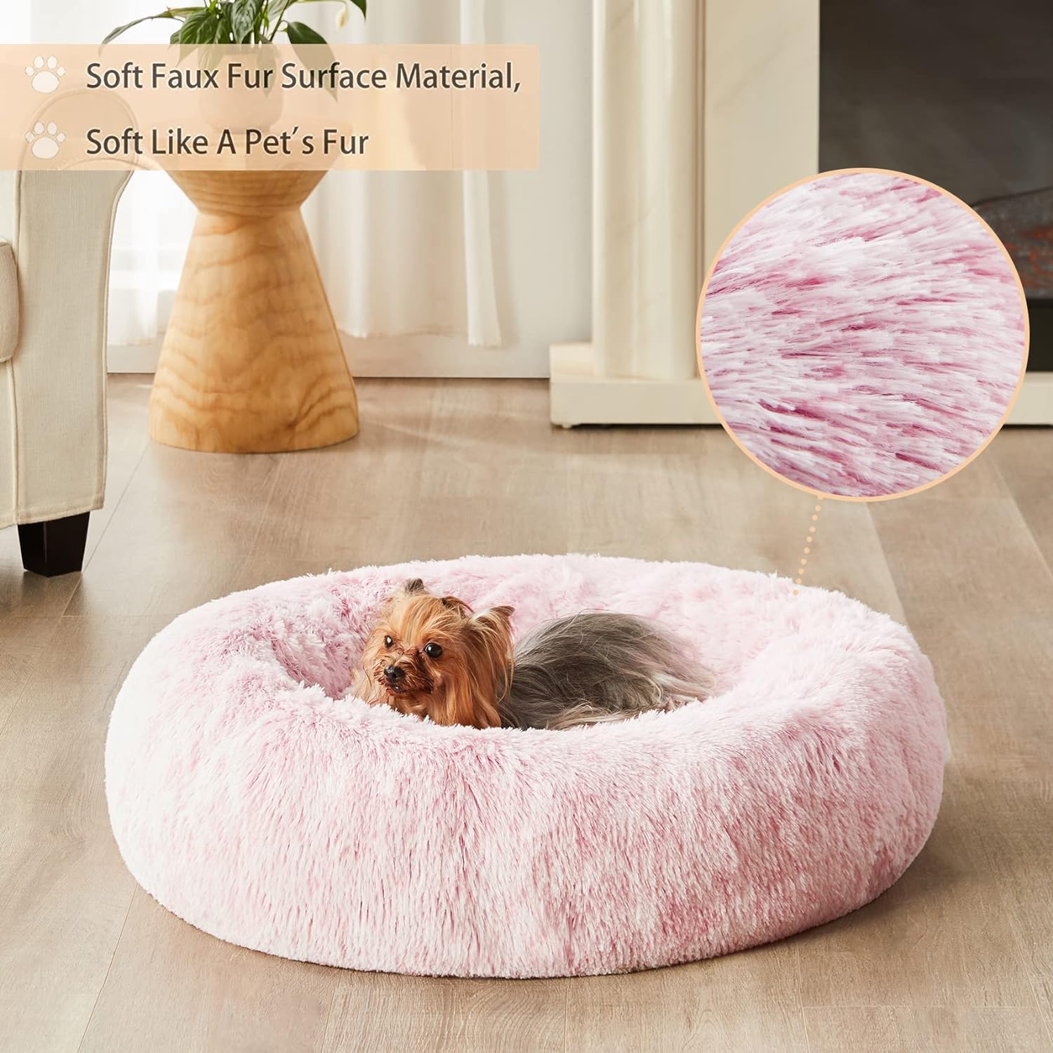 Calming Dog Bed Cat Bed Donut, Faux Fur Pet Bed Self-Warming Donut Cuddler, Comfortable Round Plush Dog Beds (20 x 20 x 8 Inch, Light Pink)