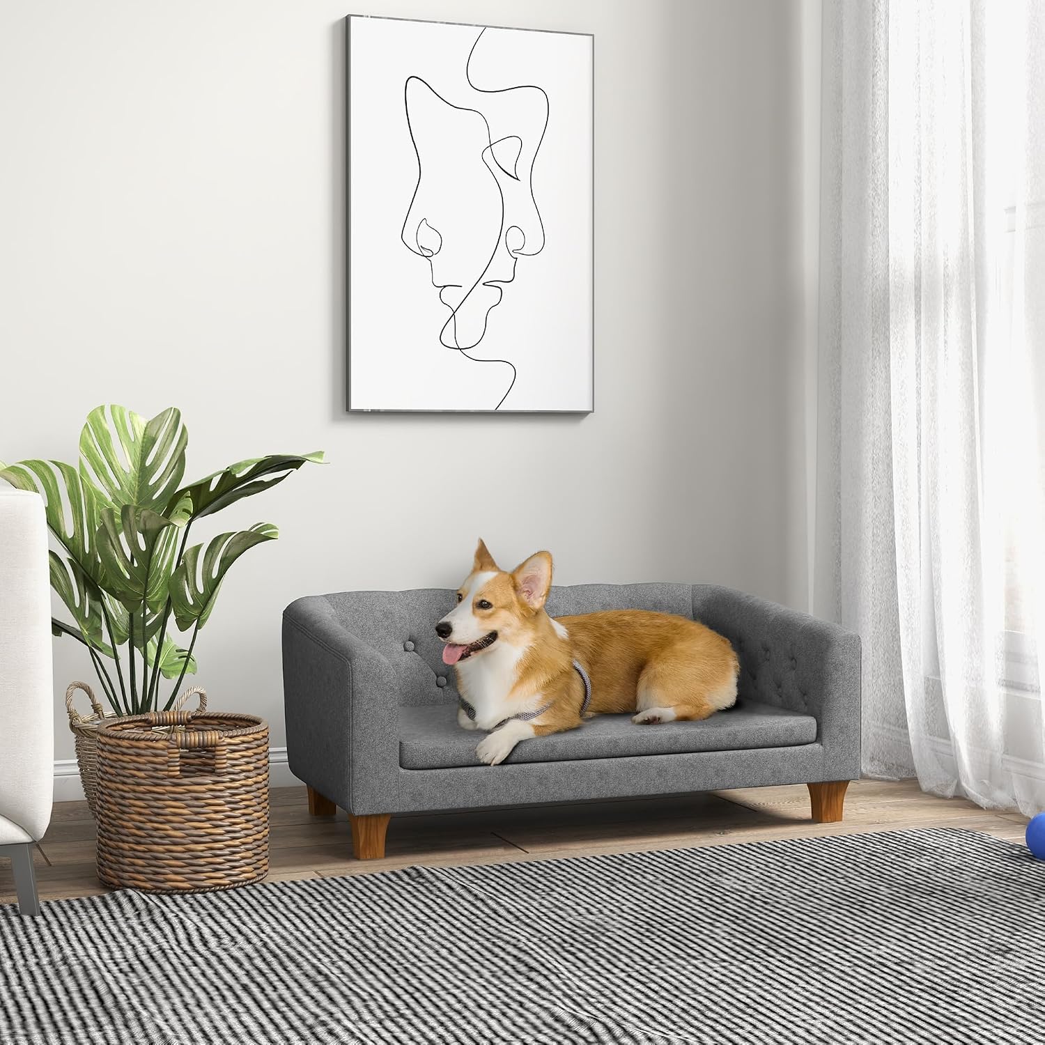 Raised Dog Sofa, Elevated Pet Couch for Small and Medium Dogs, with Removable Soft Cushion, Anti-Slip Pads, Simple Installation, Gray