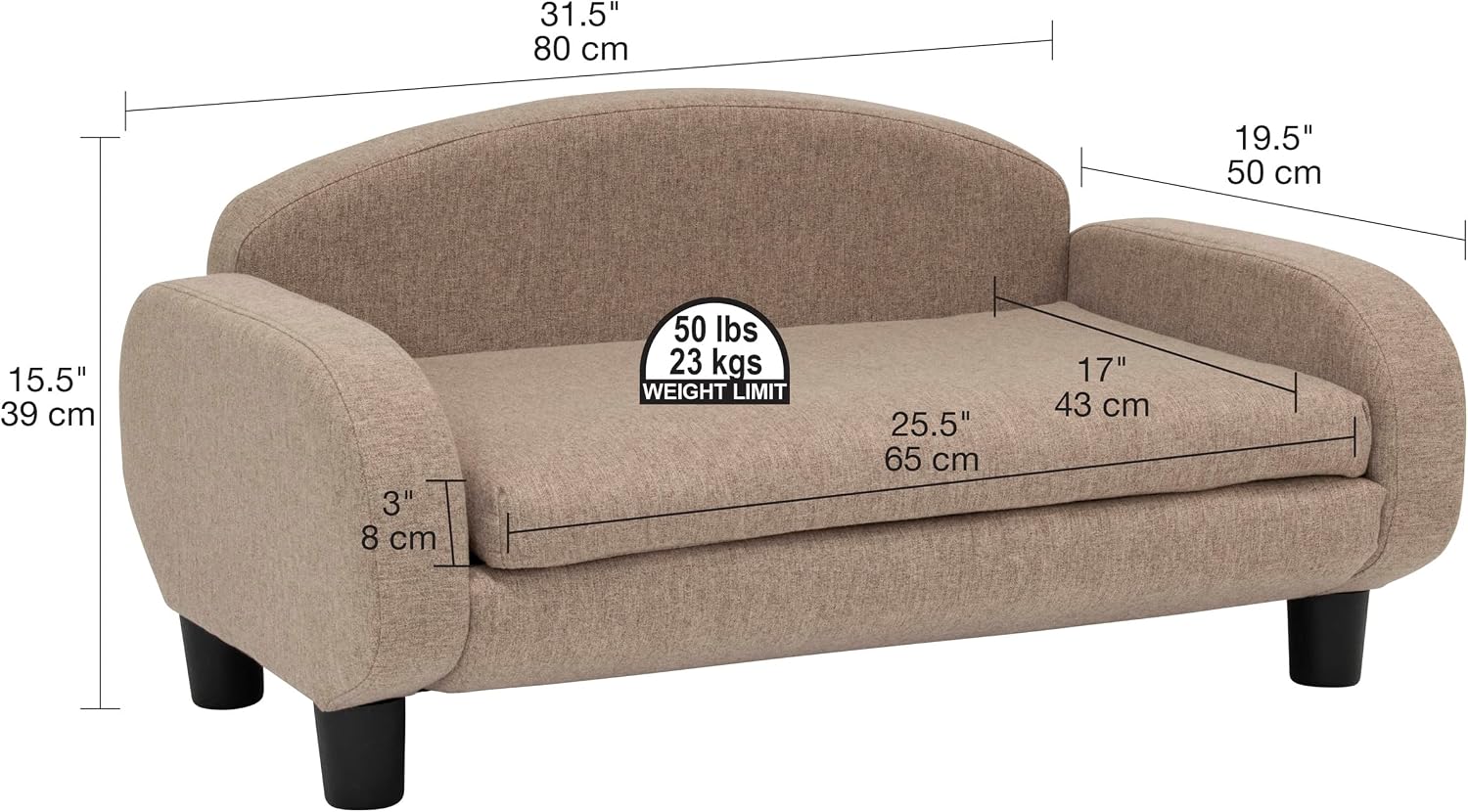 Modern Pet Sofa 31.5" Wide Low Back Lounging Bed with Removable Mattress Cover in Espresso/Sand