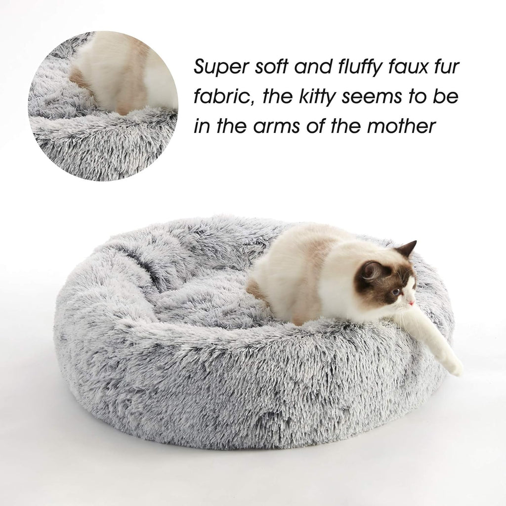 Calming Soft Round Dog & Cat Bed, Anti-Anxiety Donut Cuddler Warming Cozy Fluffy Faux Fur Plush Cushion Bed for Small Medium Dogs and Cats (20"/24"/27"/30"), Light Grey